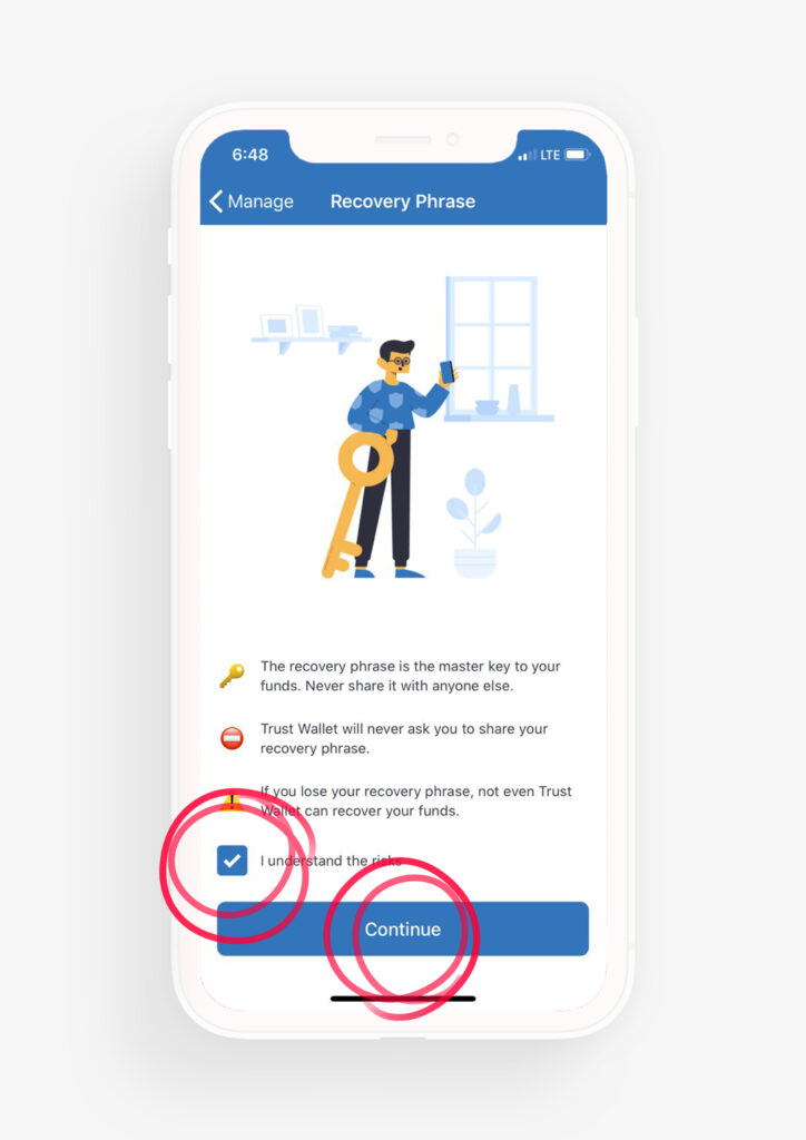 ورود کلمات امنیتی کیف پول تراست والت