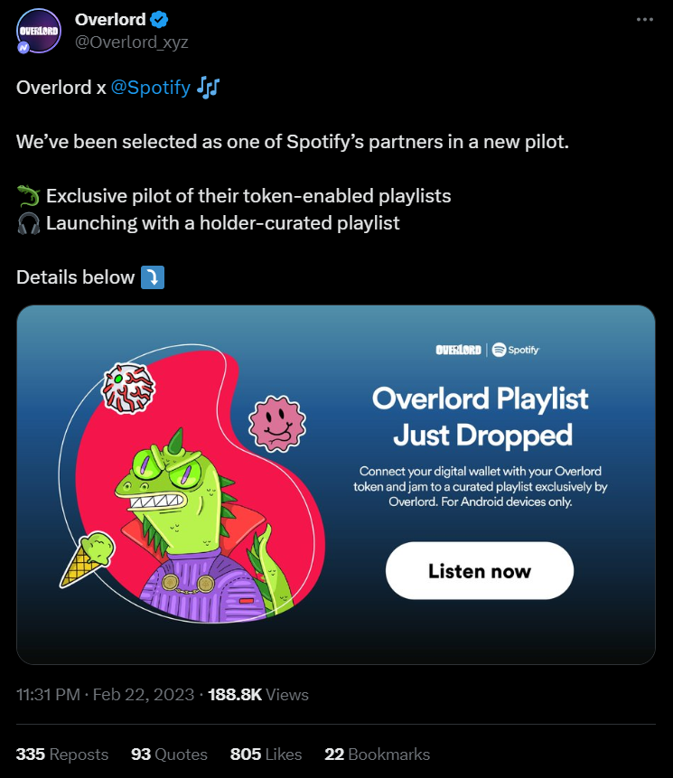 همکاری اسپاتیفای و Overlord در حوزه NFT